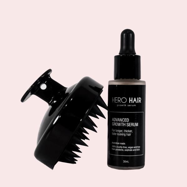 Hair growth treatments and serums with a growth stimulating brush